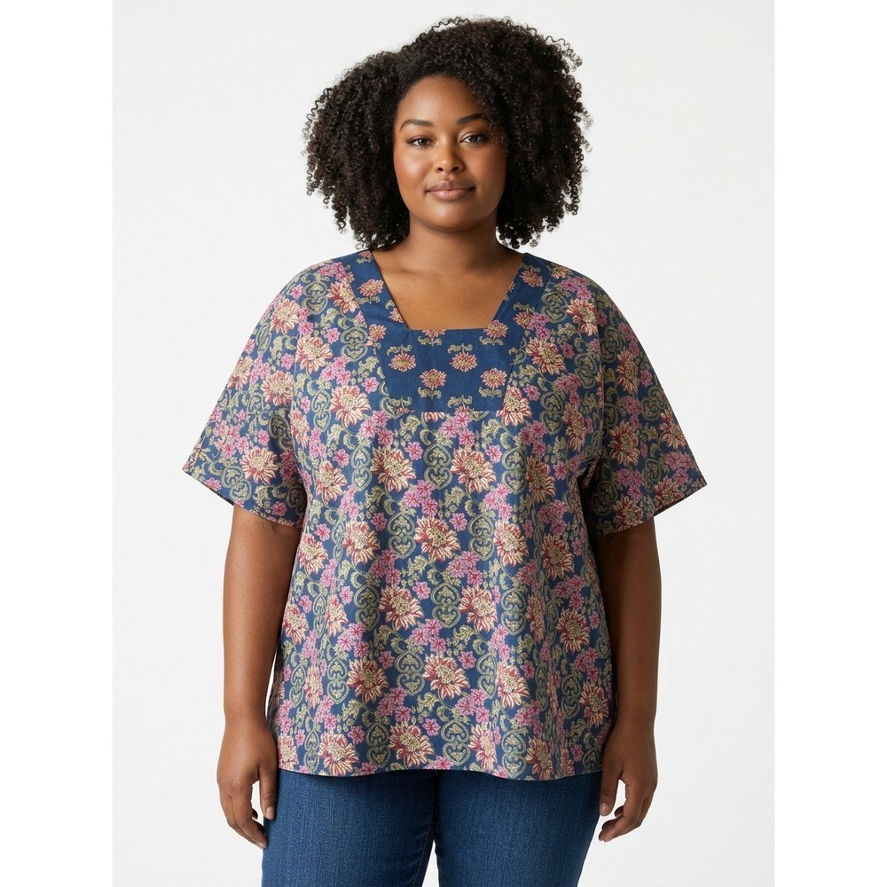Vermont Country Store Floral Damask Cotton Tunic Top Blue Pink XL Short Sleeve
